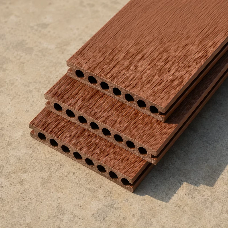 2nd Gen Co-extrusion WPC Decking Board Round Hole ASTM Tested Anti-Slip Waterproof Interlocking Outdoor Commercial Flooring