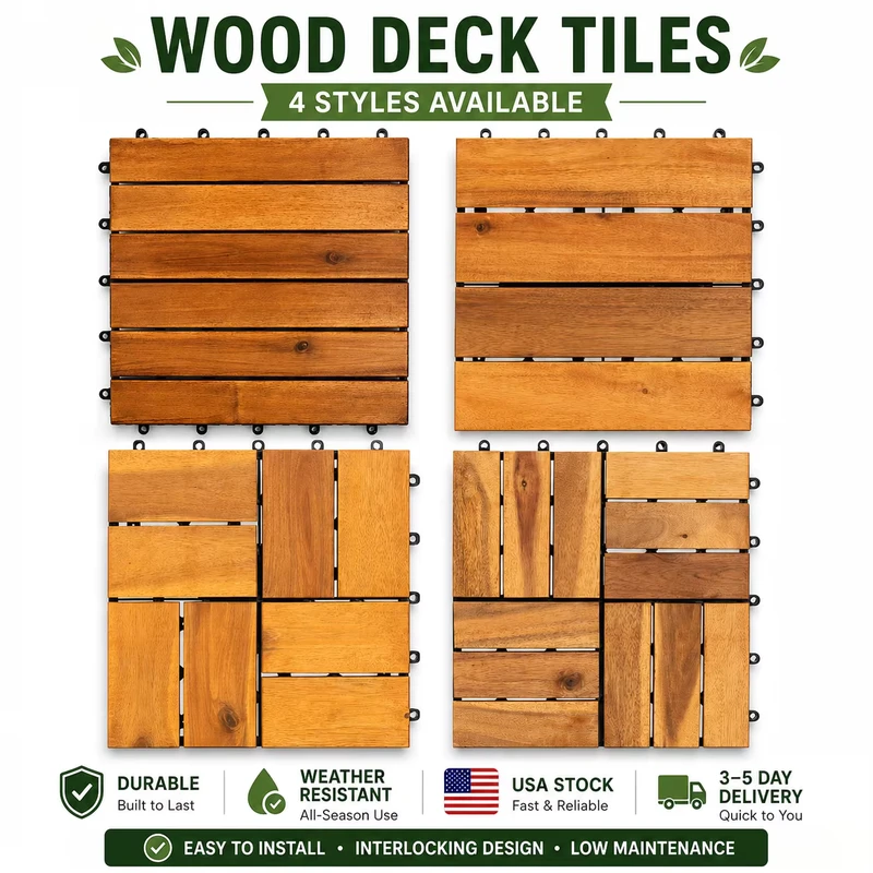 Acacia Wood Interlocking Deck Tiles 12×12 Inch Outdoor Patio Balcony Flooring Fast 3-6 Days Delivery