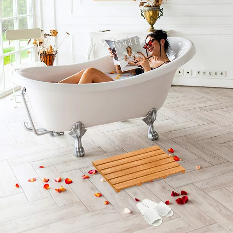 Bamboo Bath Shower Mat Non Slip Waterproof Indoor Outdoor Large Wooden Bathroom Floor Mat