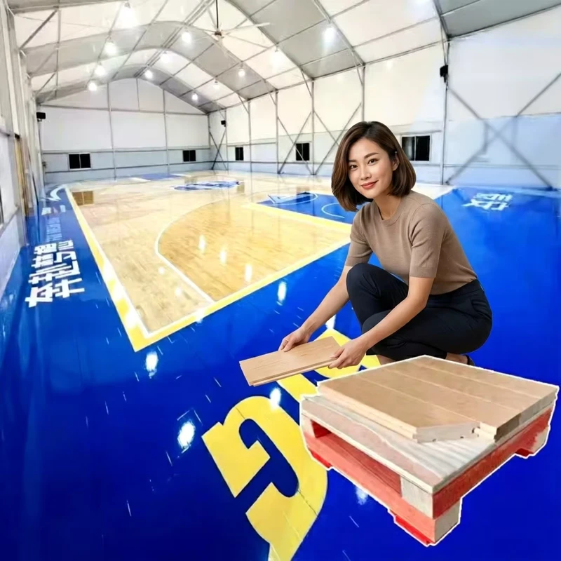 Basketball Court Sports Flooring Red Maple Solid Wood Interlocking Floor Tiles 22mm Thick Eco Friendly Shock Absorbing Indoor