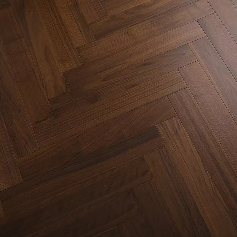 Black Walnut Brushed 3 Ply Engineered Herringbone Flooring Midcentury Style Underfloor Heating Compatible Click Lock Living