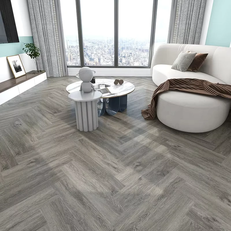 China Laminate Flooring Manufacturer Dark Gray Walnut Color Herringbone Laminate Flooring Industrial Design Studio Scene