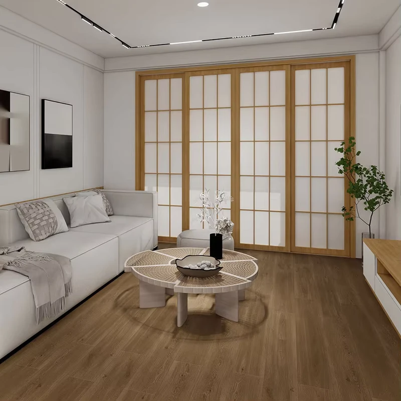 Coffee Colored Laminate Flooring Waterproof Durable Matte Finish Complements Japanese Style Interiors Wooden Elements Neutral