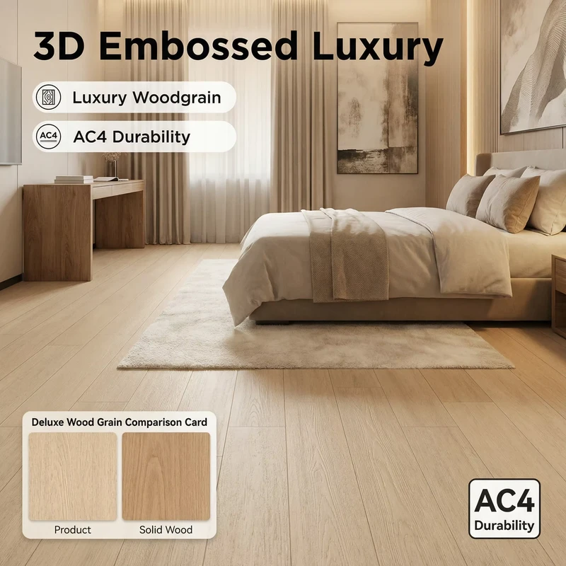 Luxury Modern Wood Look HDF Laminate Flooring with 3D Embossed Texture and AC4 Rating for Hotel Guest Rooms