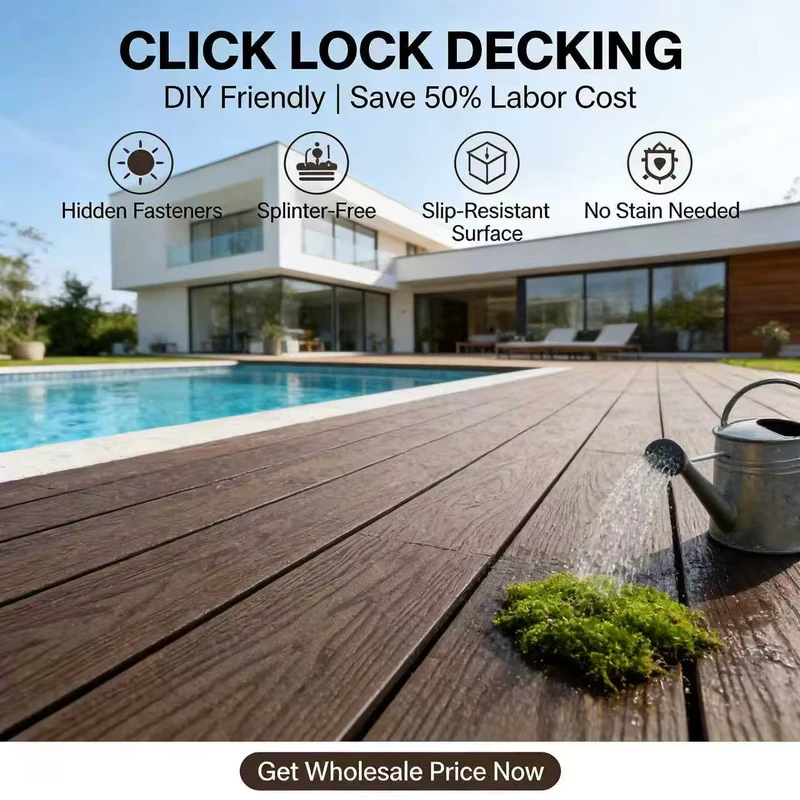 Modern Anti Slip Brushed WPC Decking Teak Woodgrain DUAL LOCK Click Waterproof Fireproof Eco Friendly Garden Outdoor Rectangle