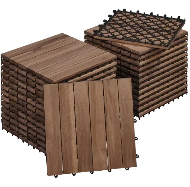 Modern Eco Friendly Square Waterproof Moisture Proof Solid Acacia Wood Interlocking DUAL LOCK Deck Tiles Black Outdoor Pool