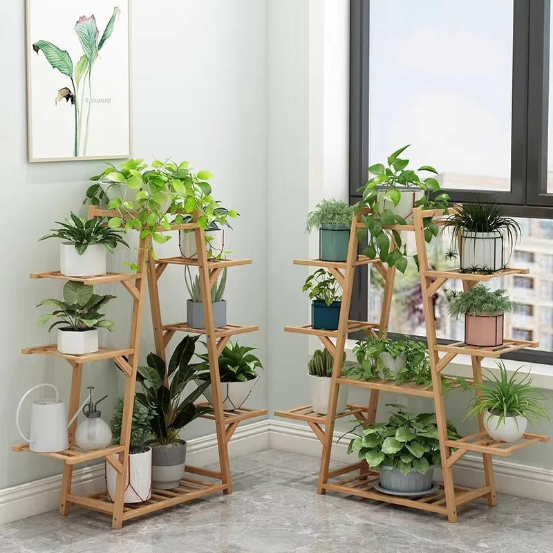 Modern Eco friendly Bamboo Floor Standing Flower Stand with Natural Wood Color for Living Room & Balcony