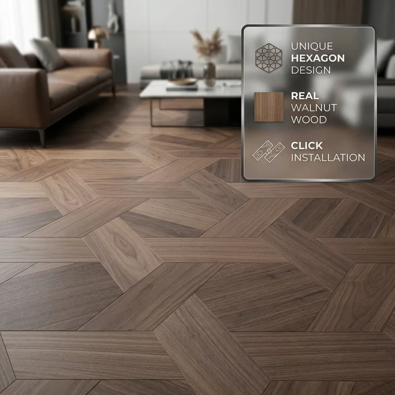 Modern Hexagon Combination Parquet Flooring Smooth Walnut Multilayer Engineered Wood Click Installed for Living Room Bathroom