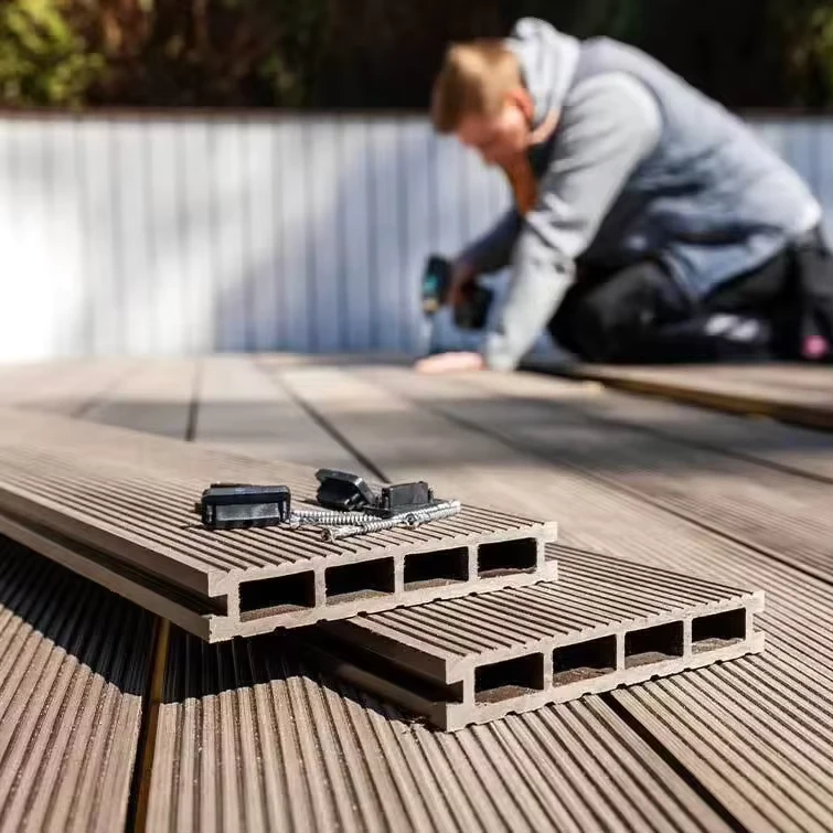 Modern WPC Decking with Wood Grain Surface Anti Slip Waterproof Features Interlocking Design for Outdoor Use