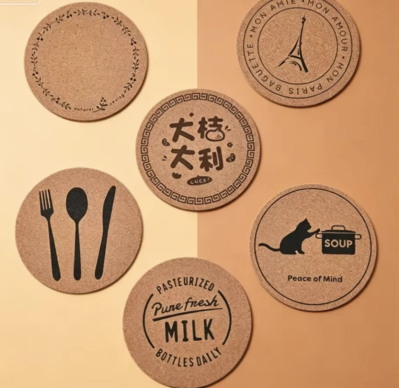 Non-slip Heat Insulating Cork Coasters for Desk Coffee Table Minimal Edged Cork Mats with Custom Printed Logo Pattern