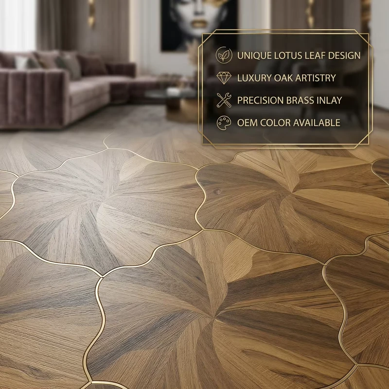 OEM Color Brushed Engineered Wood Flooring Oak Luxury Multilayer Click Lock Villa White Oak Parquet Lotus Leaf Design